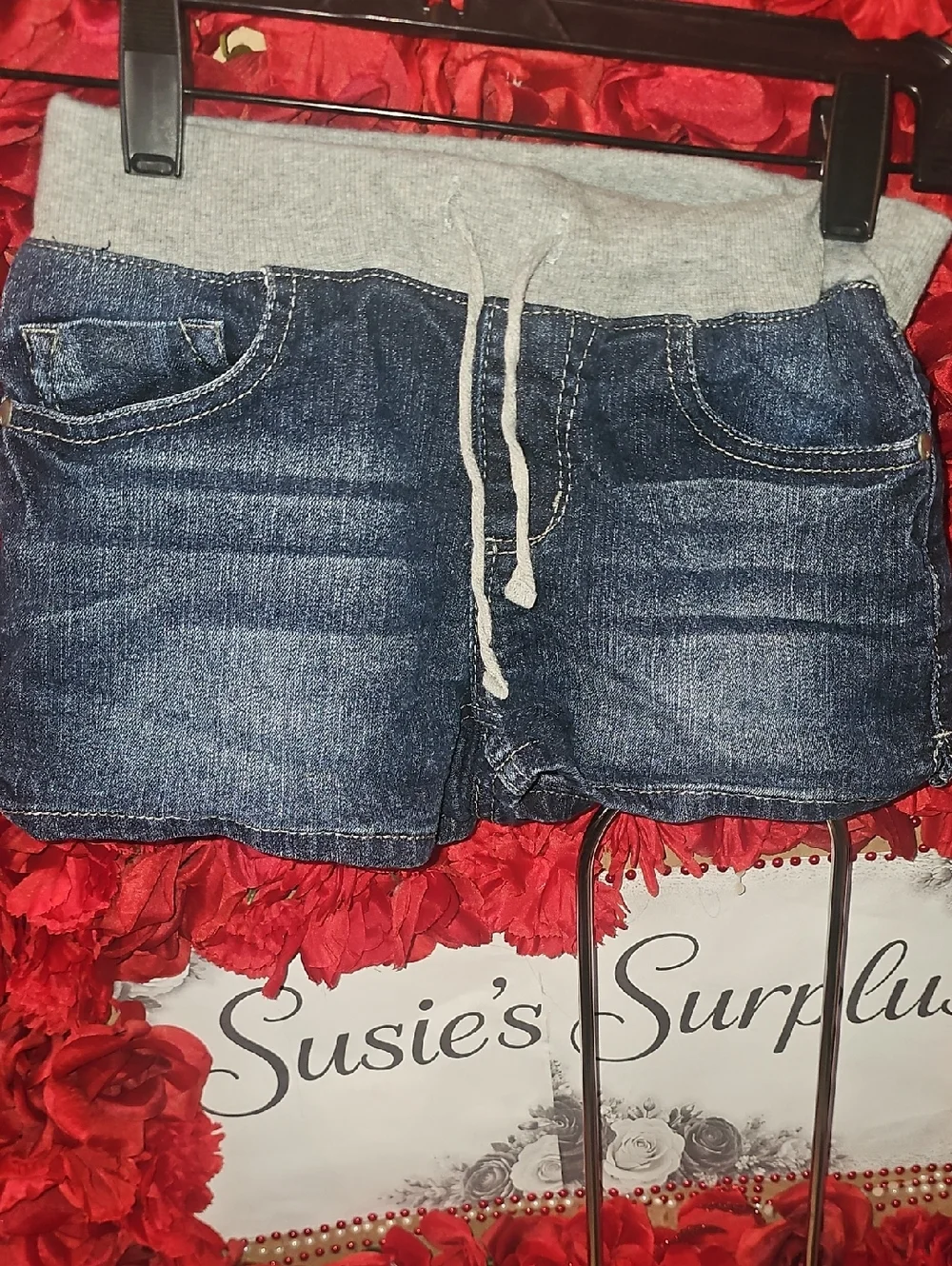 Vanilla Star Girls Blue Denim-Style Shorts with Gray Knit Waistband Size 10